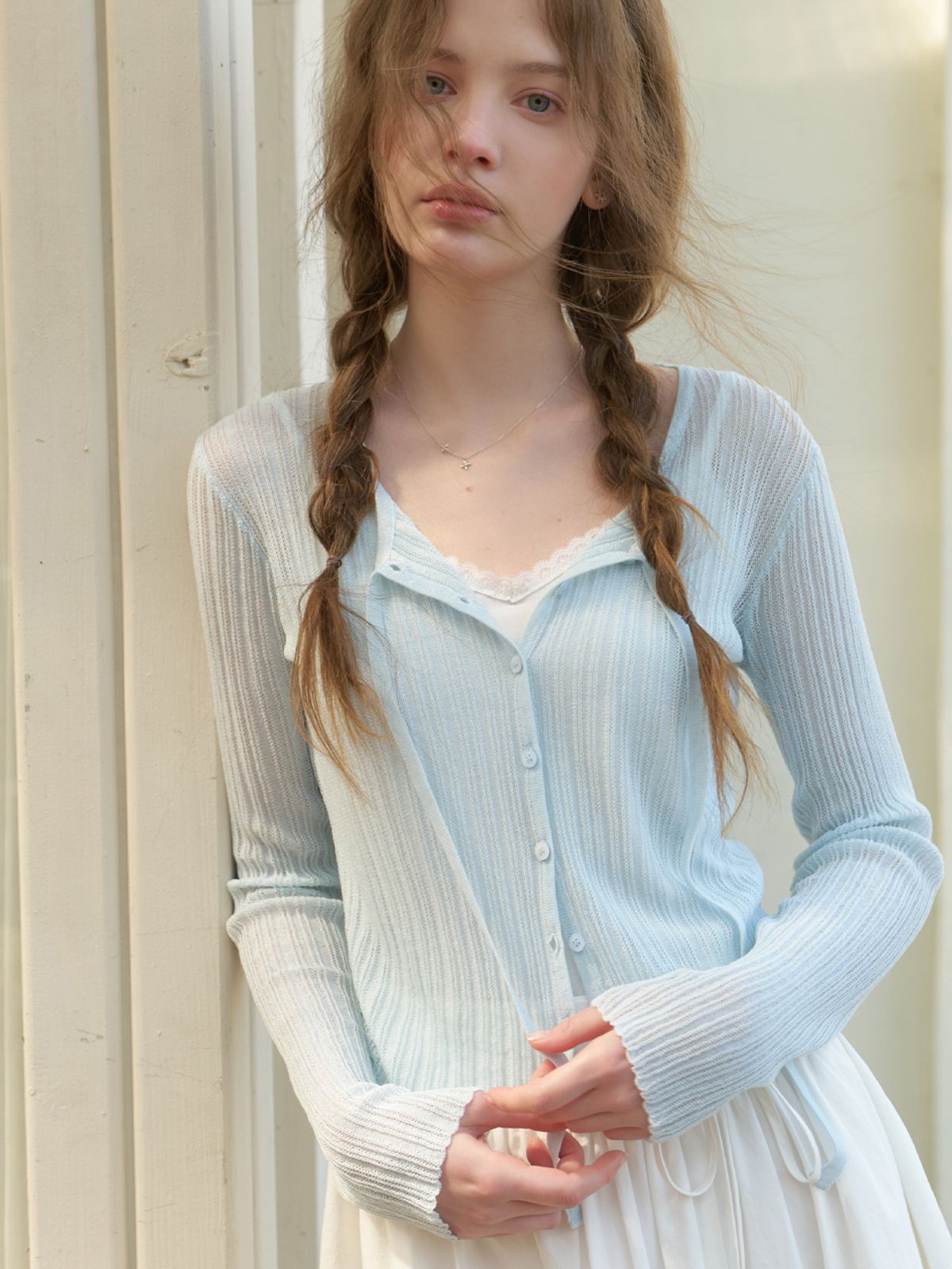 리엘(RE L) Loana strap knit cardigan (sky blue)