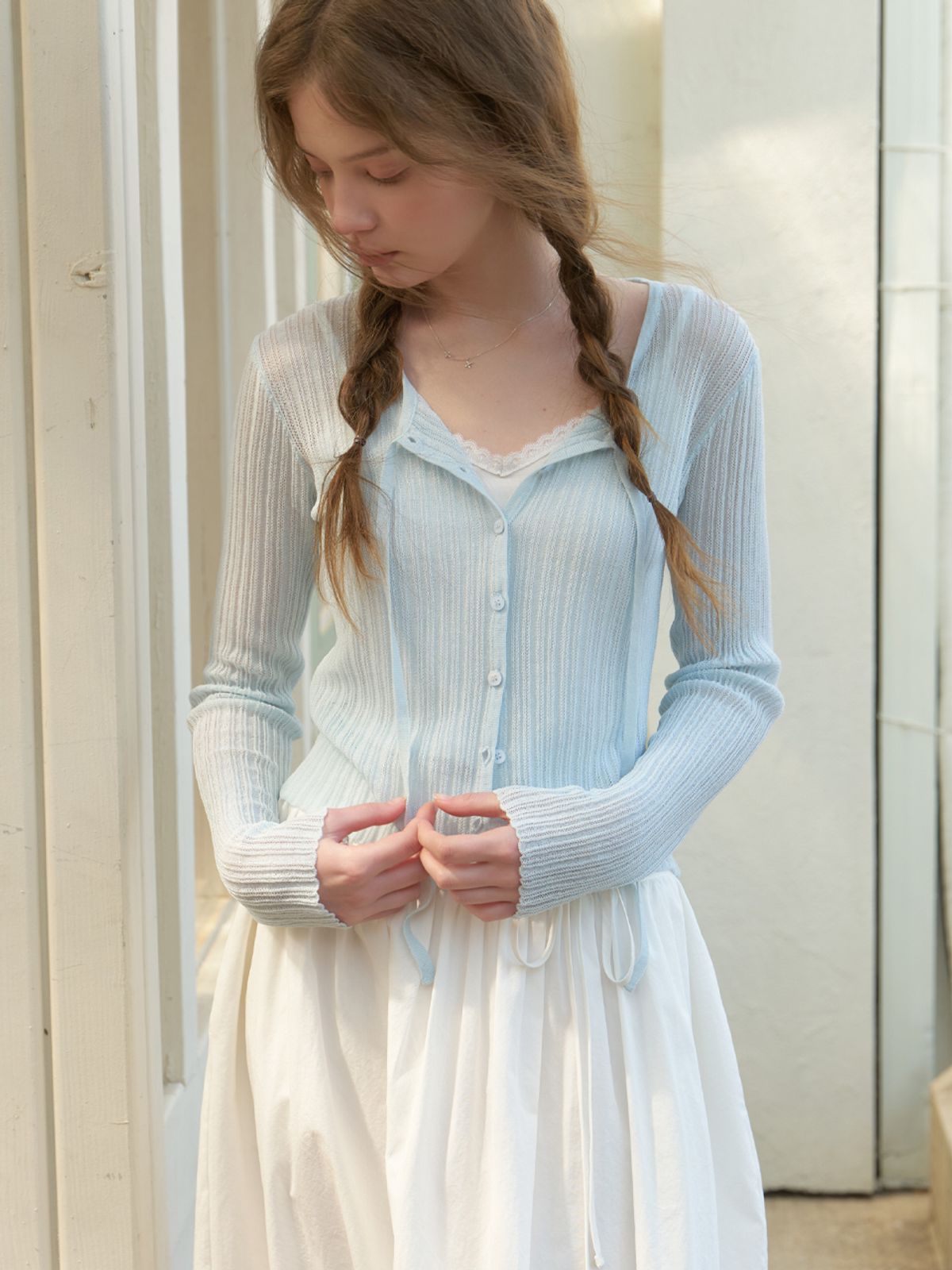 리엘(RE L) Loana strap knit cardigan (sky blue)