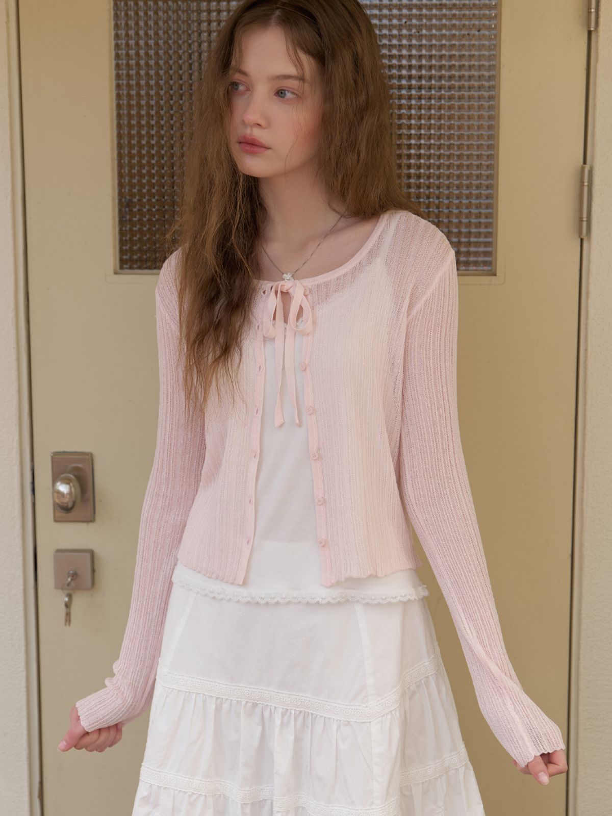 리엘(RE L) [2nd] Loana strap knit cardigan (pink)