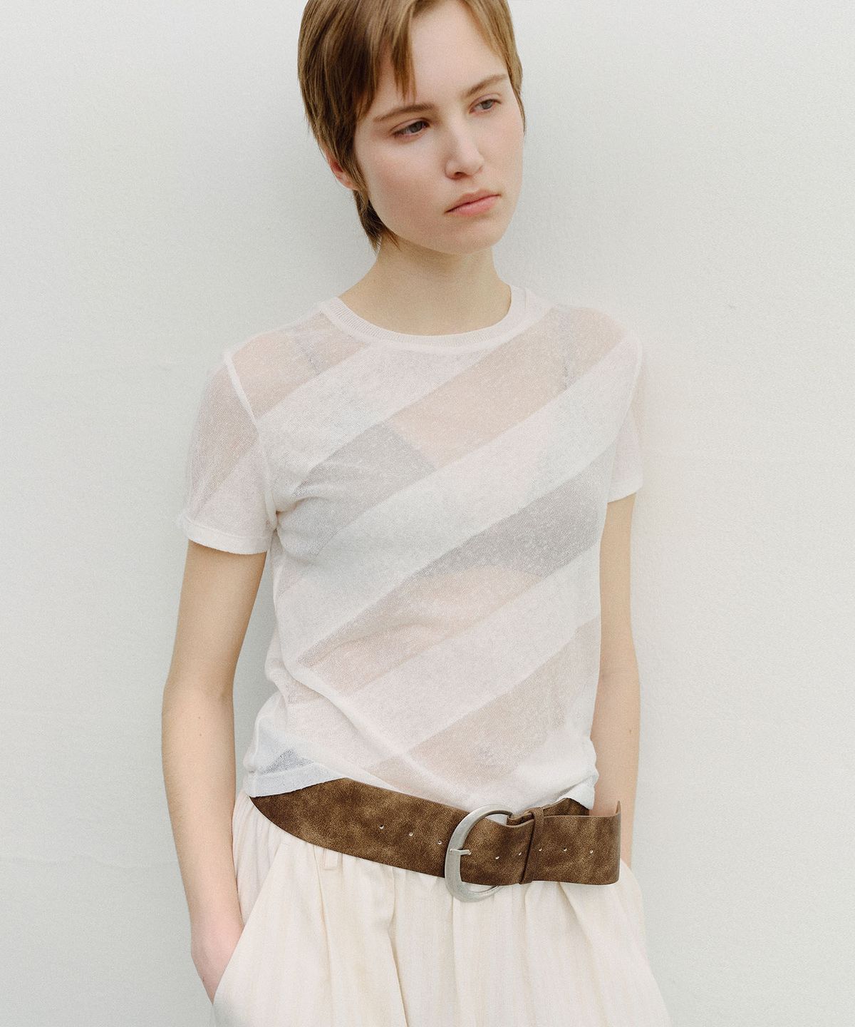 엔오르(EN OR) SHEER DIAGONAL STRIPE KNIT - CREAM