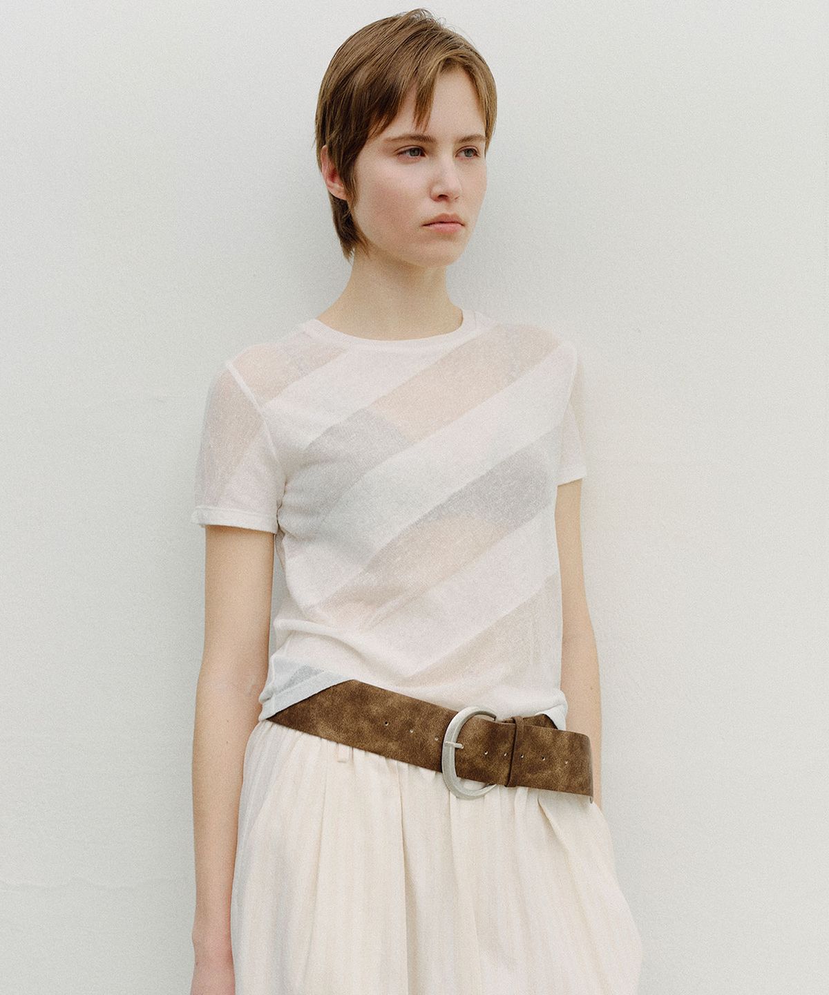 엔오르(EN OR) SHEER DIAGONAL STRIPE KNIT - CREAM