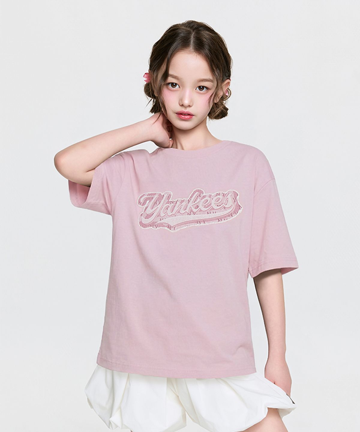 엠엘비 키즈(MLB KIDS) 스트릿 모노그램 데님 컬시브 티셔츠 NY (Mg.Pink)