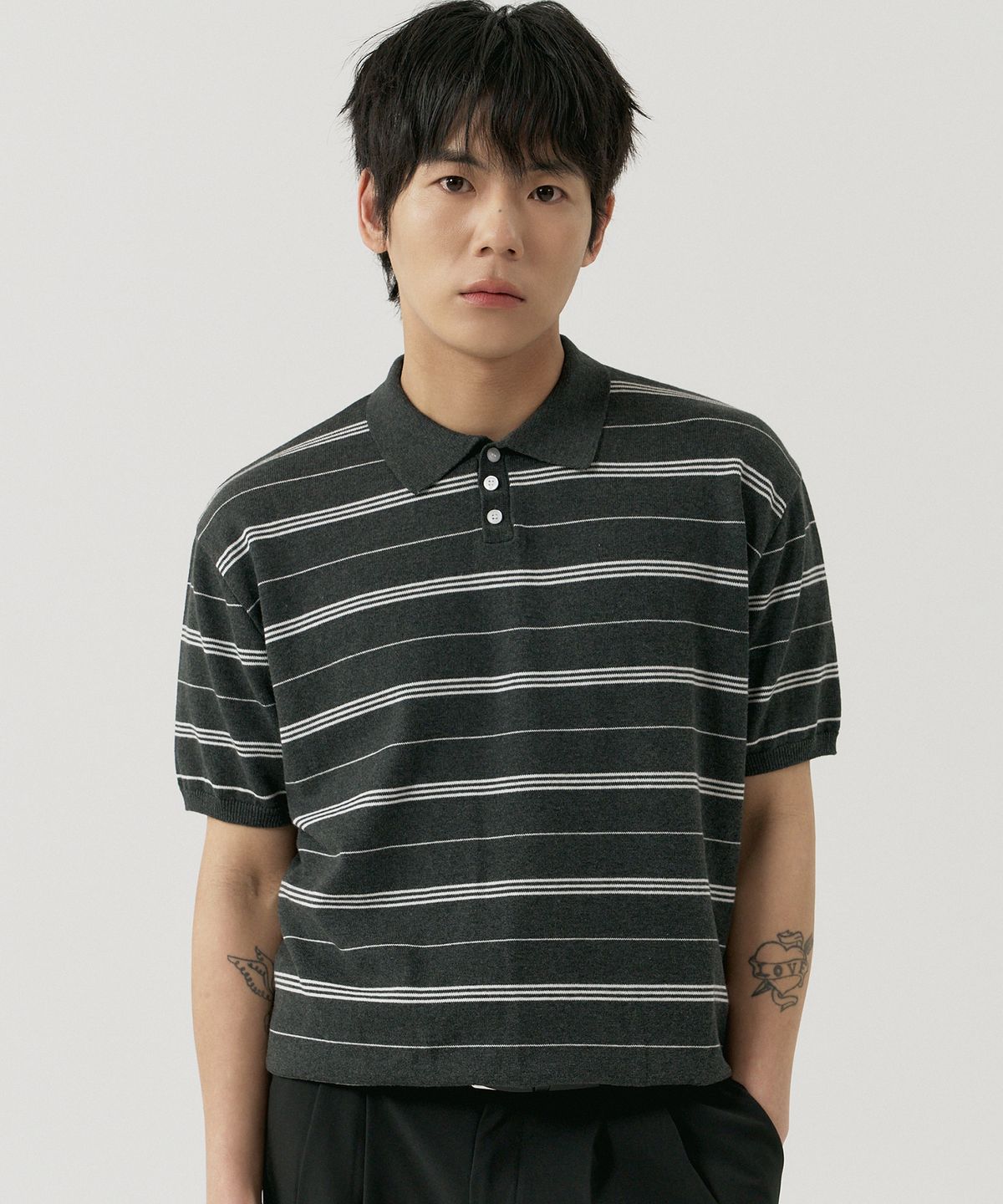 그노크(GNOK) 멀티 스트라이프 카라 반팔 니트[4COLOR]