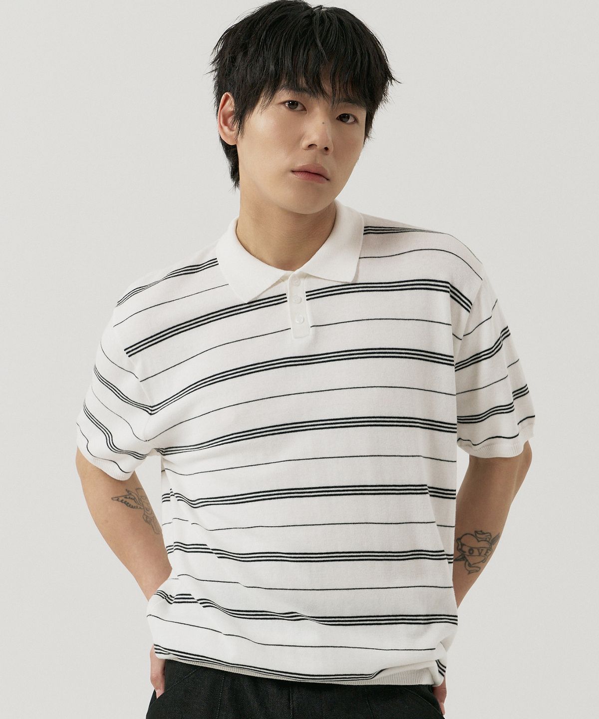 그노크(GNOK) 멀티 스트라이프 카라 반팔 니트[4COLOR]