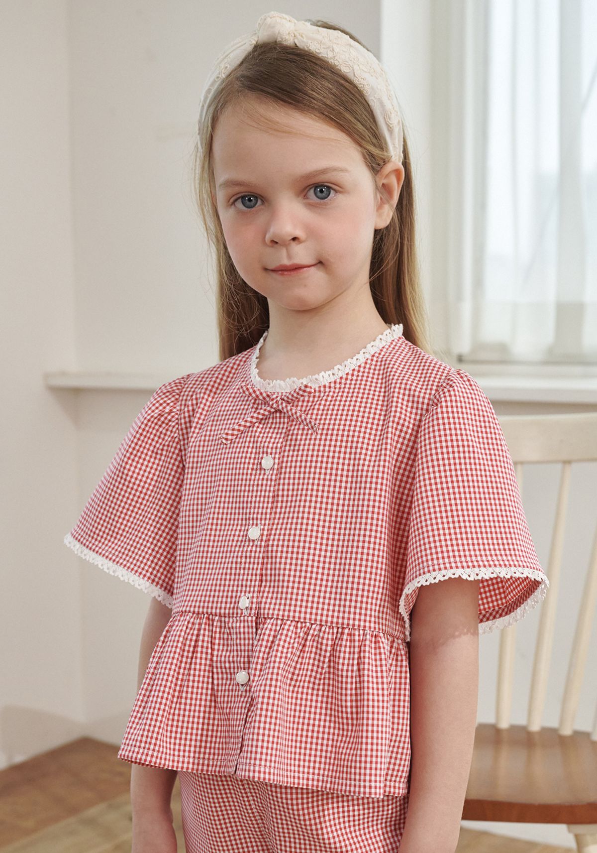 빈(BEEN) BA24BL02RD 레드 깅엄 체크 반소매 블라우스