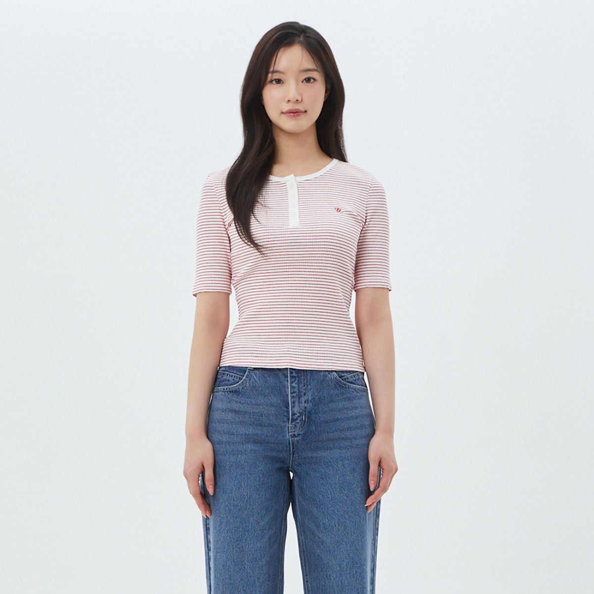 플라스틱 아일랜드(PLASTIC ISLAND) [BEIGE]헨리넥 골지스트라이프 티셔츠 PS7CH305