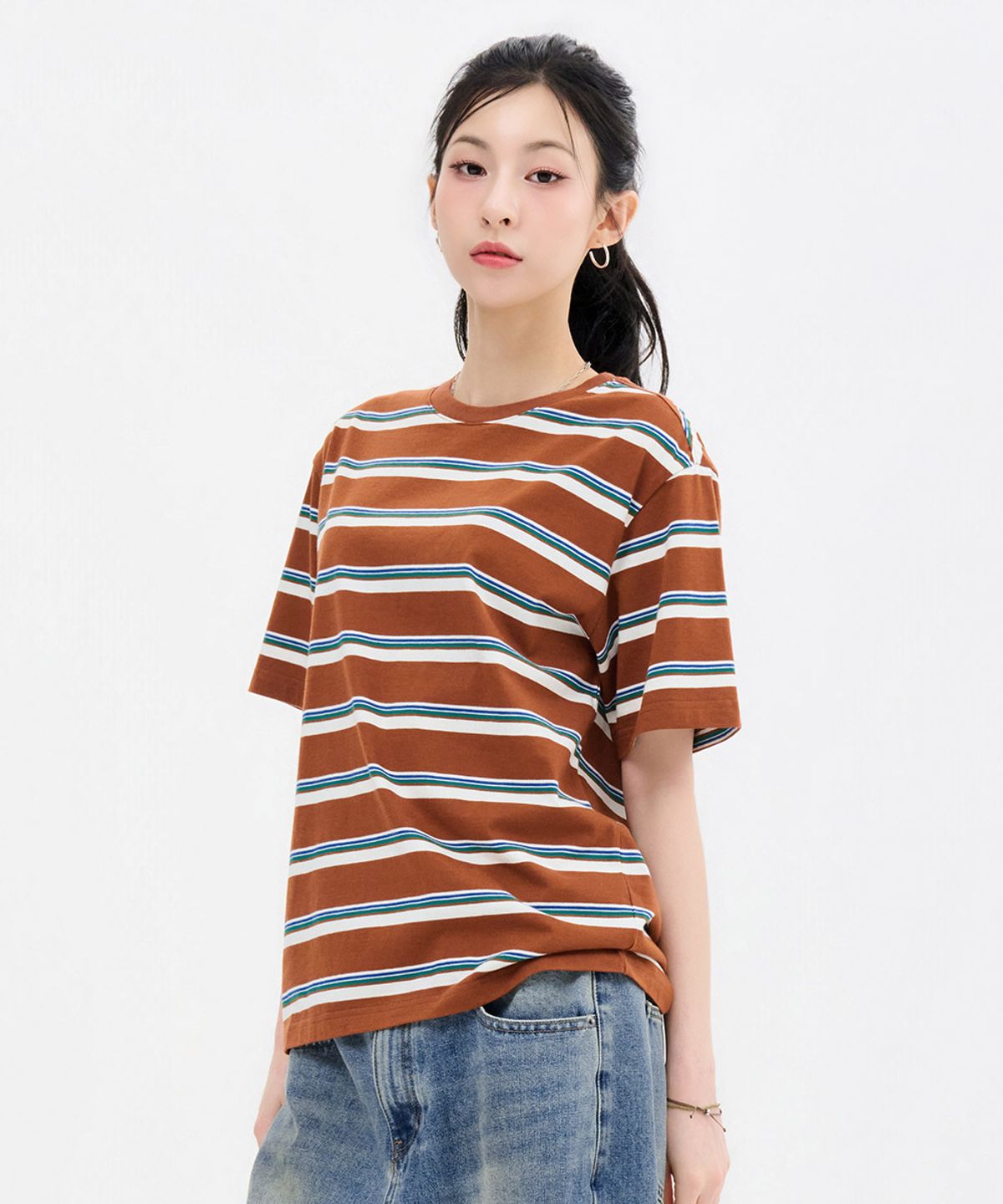 체이스컬트(CHASECULT) 공용 멀티 스트라이프 반팔 티셔츠-FBRU5819D08