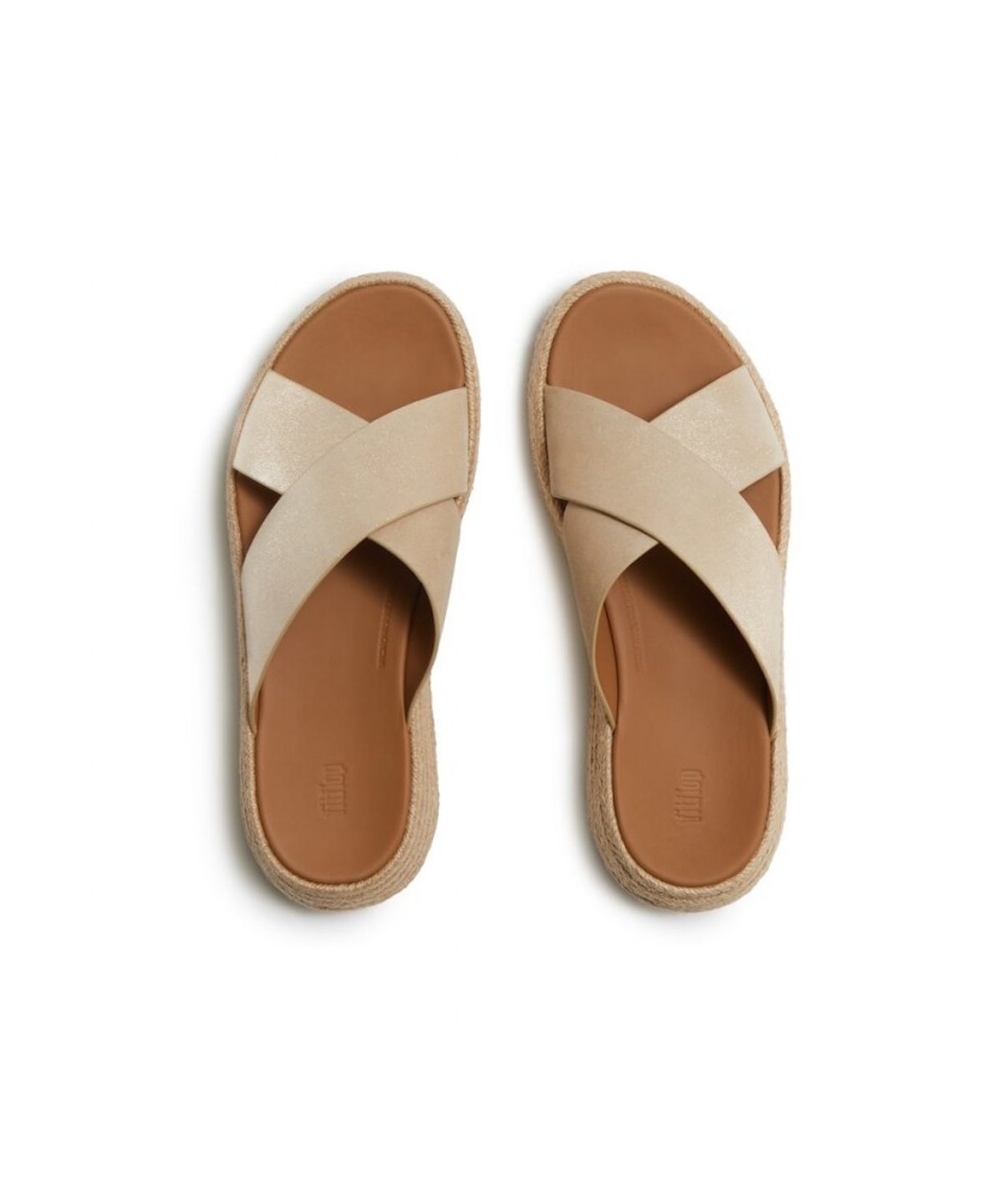 핏플랍(FITFLOP) 여성 F모드 에스파드류 쉬머 스웨이드 크로스 슬라이드  플라티노 (FT64K2D279)