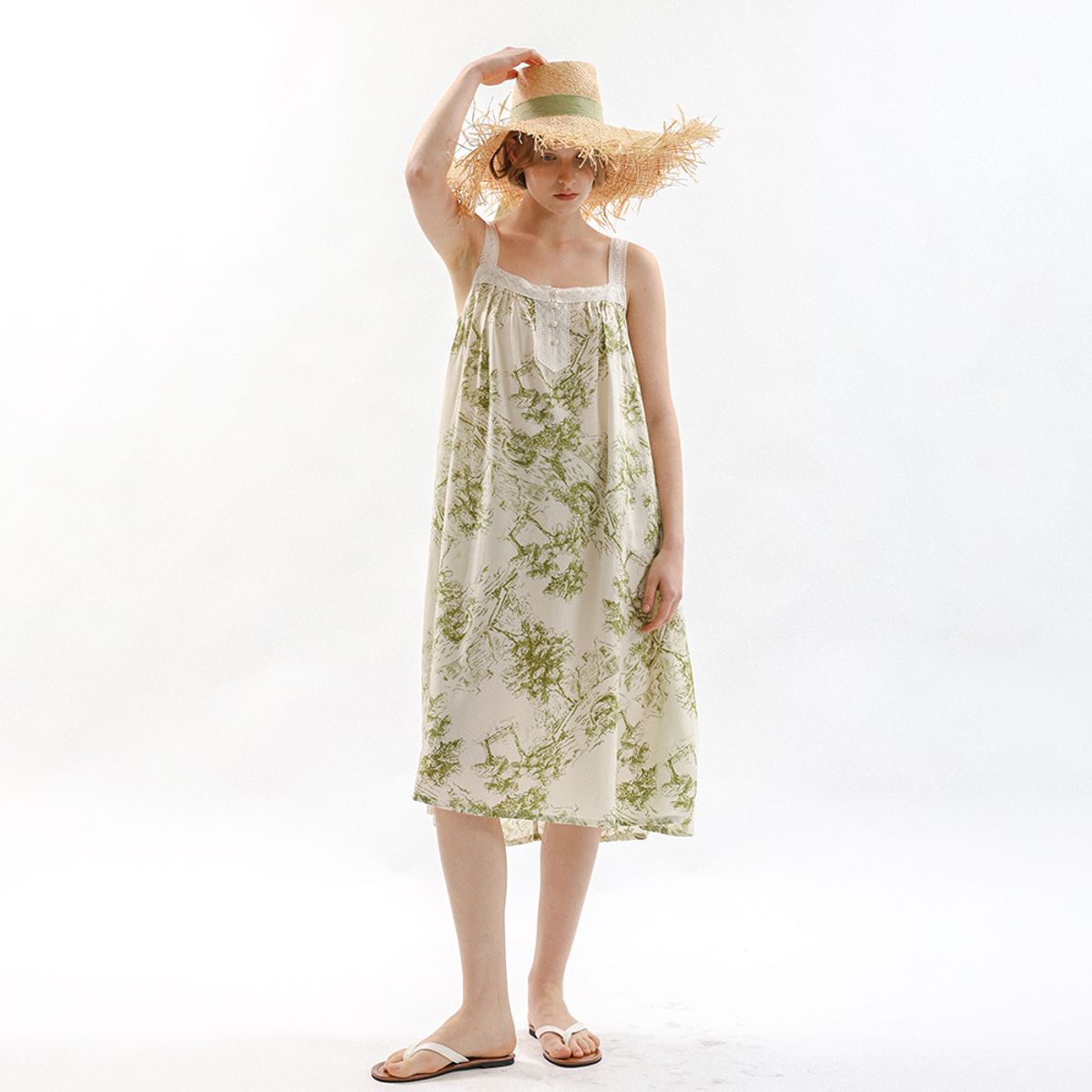 멜라니조이(MELANIE JOY) MJ_Floral lace trim slip pajama dress_GREEN