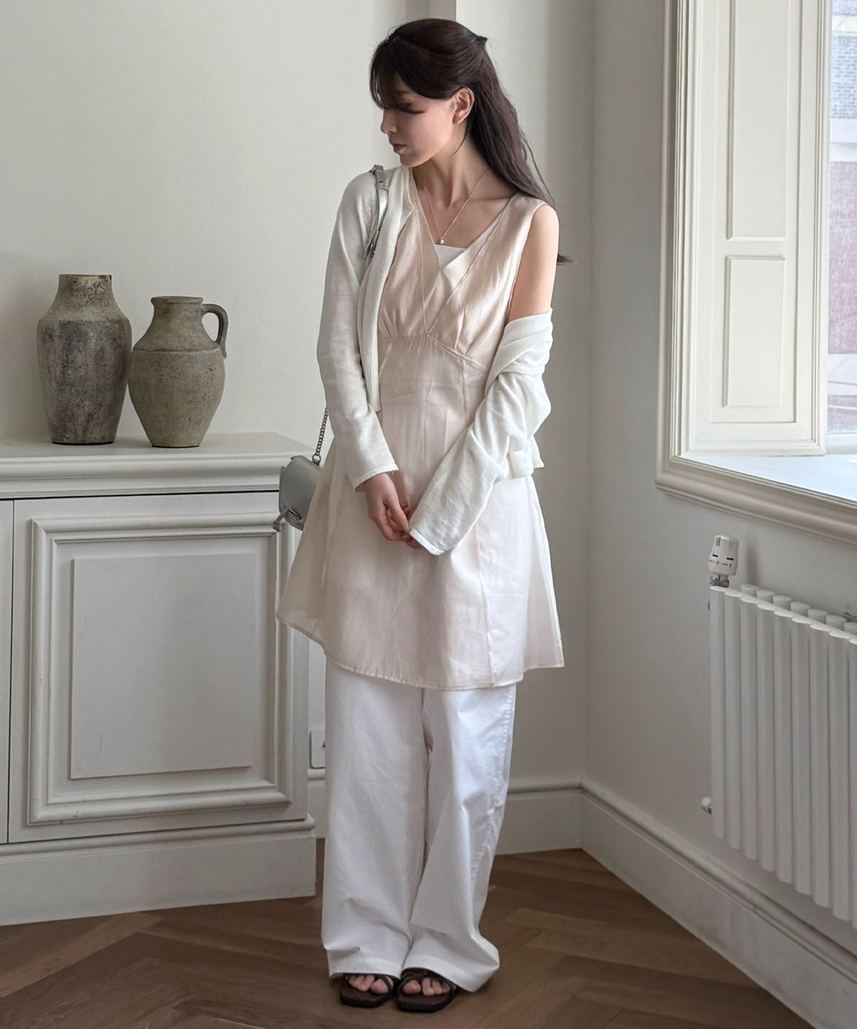 드로우핏 우먼(DRAWFIT WOMEN) 튤립 레이어드 미디 원피스 [PINK BEIGE]