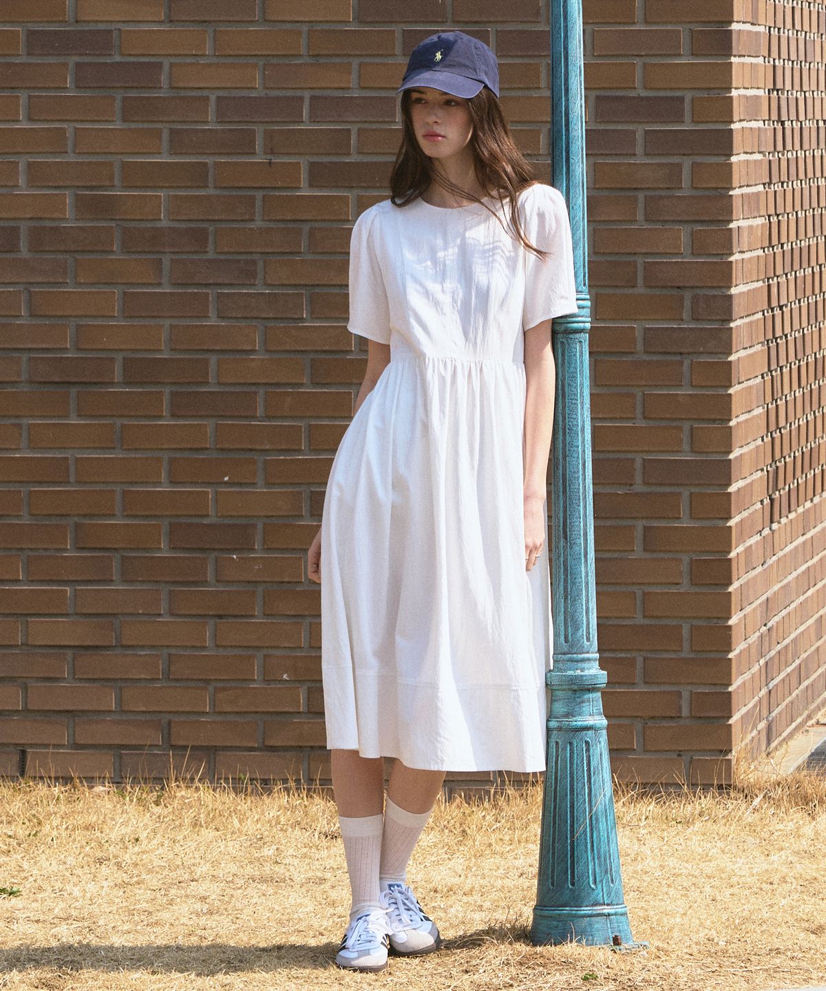 드로우핏 우먼(DRAWFIT WOMEN) 퍼프 슬리브 반팔 롱 원피스 [SKY BLUE]