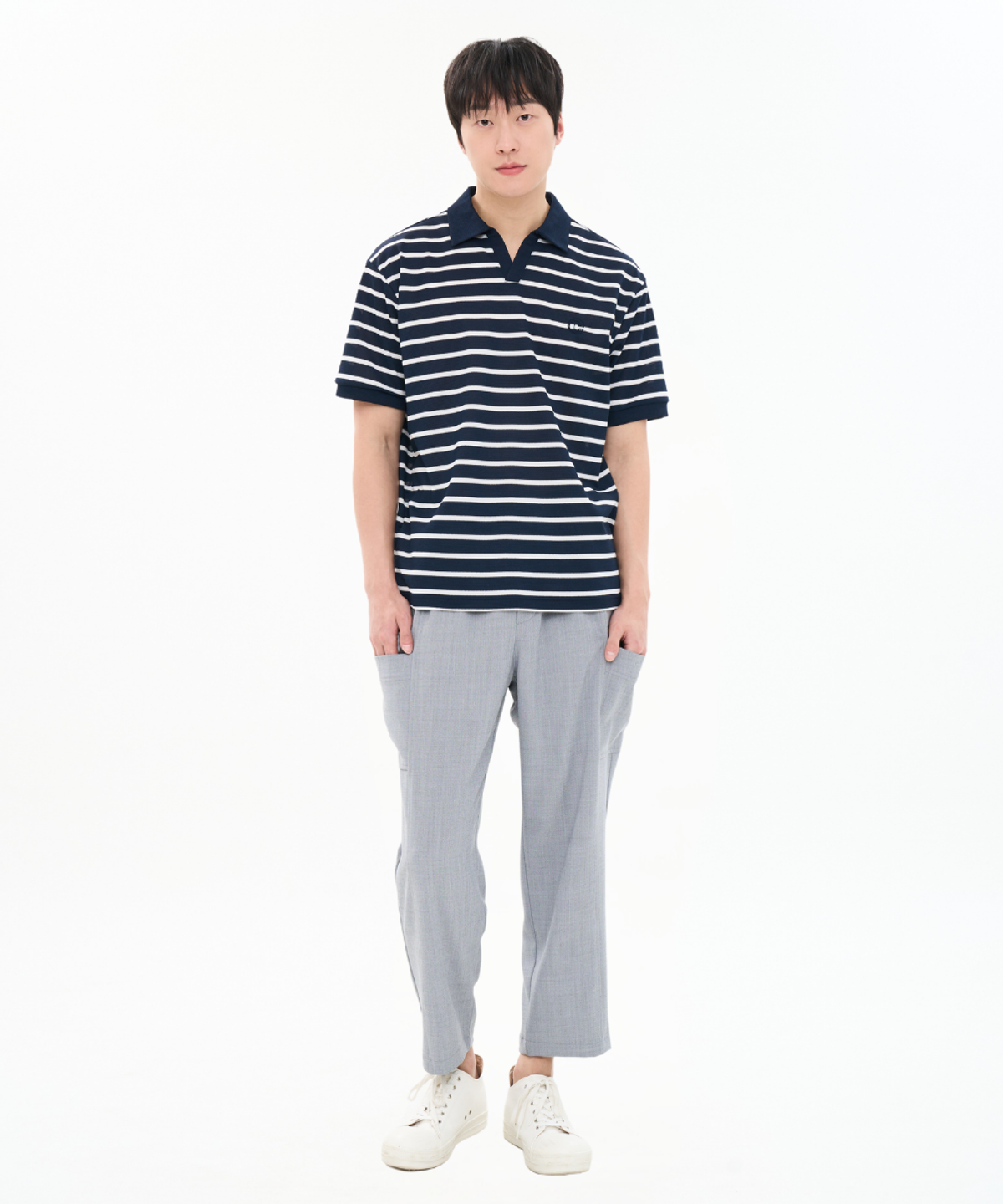 커스텀어스(CUSTOMUS) 남성 여름 강연 스트라이프 카라 티셔츠 출근룩 CXS26MKKT303 NAV