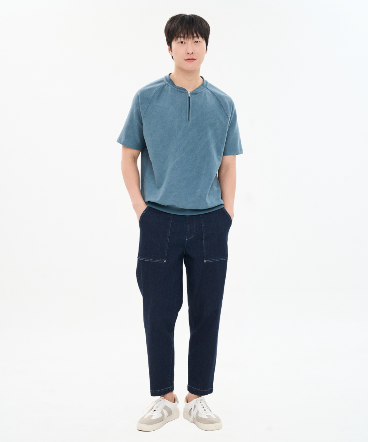 커스텀어스(CUSTOMUS) 남성 피그먼트 리버시블 헨리넥 반집업 반팔 티셔츠 CXS26MKRT305 BLU