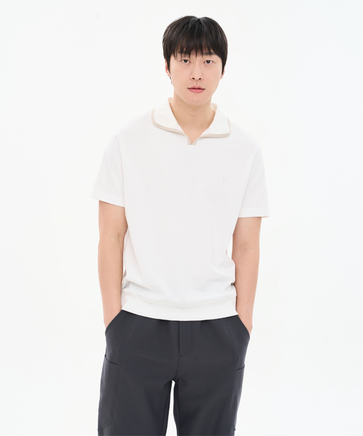 커스텀어스(CUSTOMUS) 남성 20수 코튼폴리 골지 배색 접밴드 카라 티셔츠 CXS26MKKT308 IVY