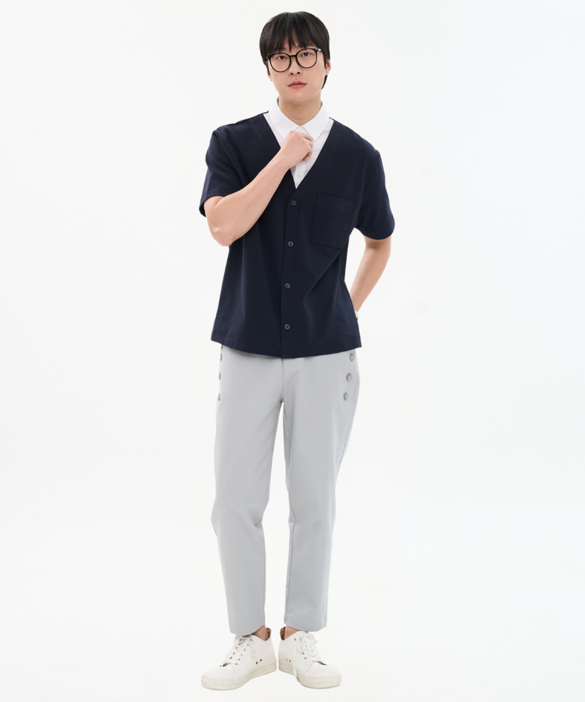 커스텀어스(CUSTOMUS) 남성 분또 셔츠 레이어드 반팔 티셔츠 가디건형 CXS26MKKT301 NAV