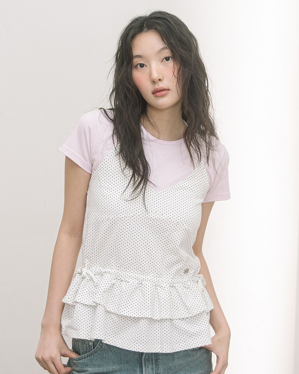 해비즘(HAVISM) DOUBLE FRILL  HALTER NECK SLEEVELESS(DOT IVORY)