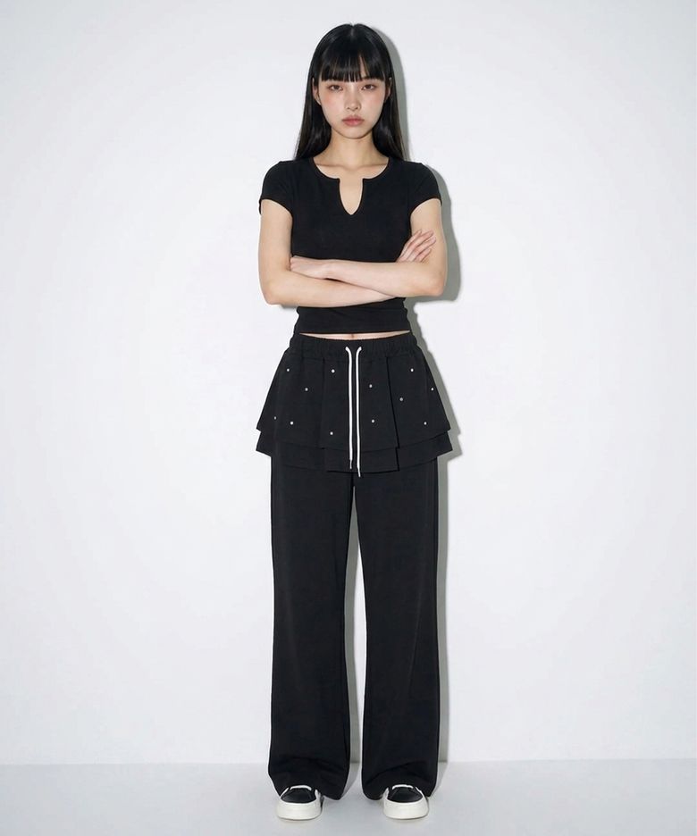 Crystal Stud Layered Flare Skirt Pants (Black)