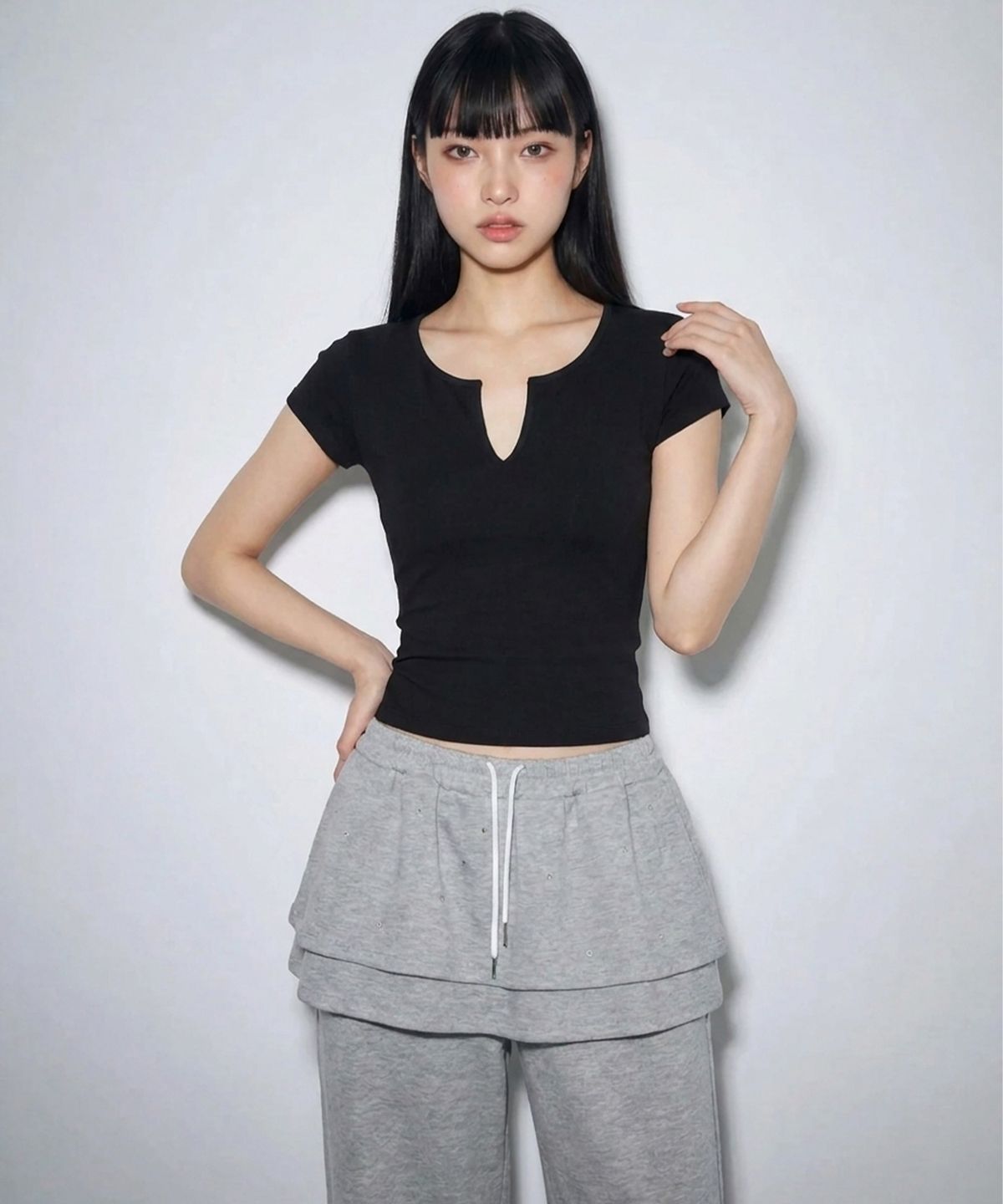 본슬리피(BORN SLIPPY) Crystal Stud Layered Flare Skirt Pants (Melange Gray)