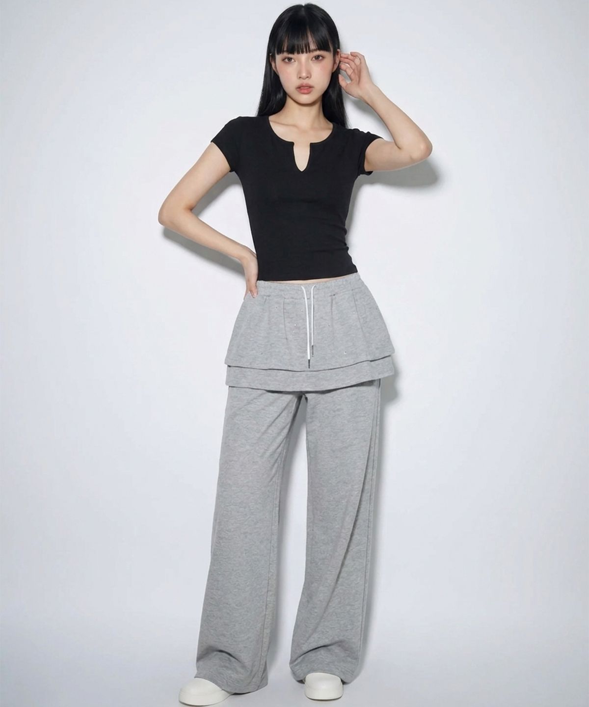본슬리피(BORN SLIPPY) Crystal Stud Layered Flare Skirt Pants (Melange Gray)