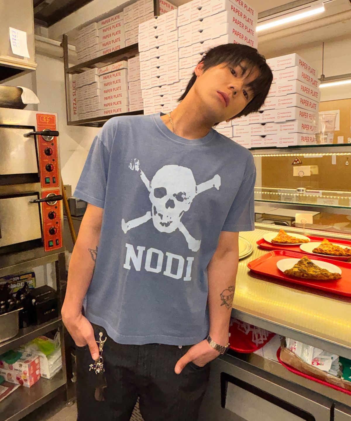 노디(NODI) Trouble Skull Dept pigment crop Tee light navy