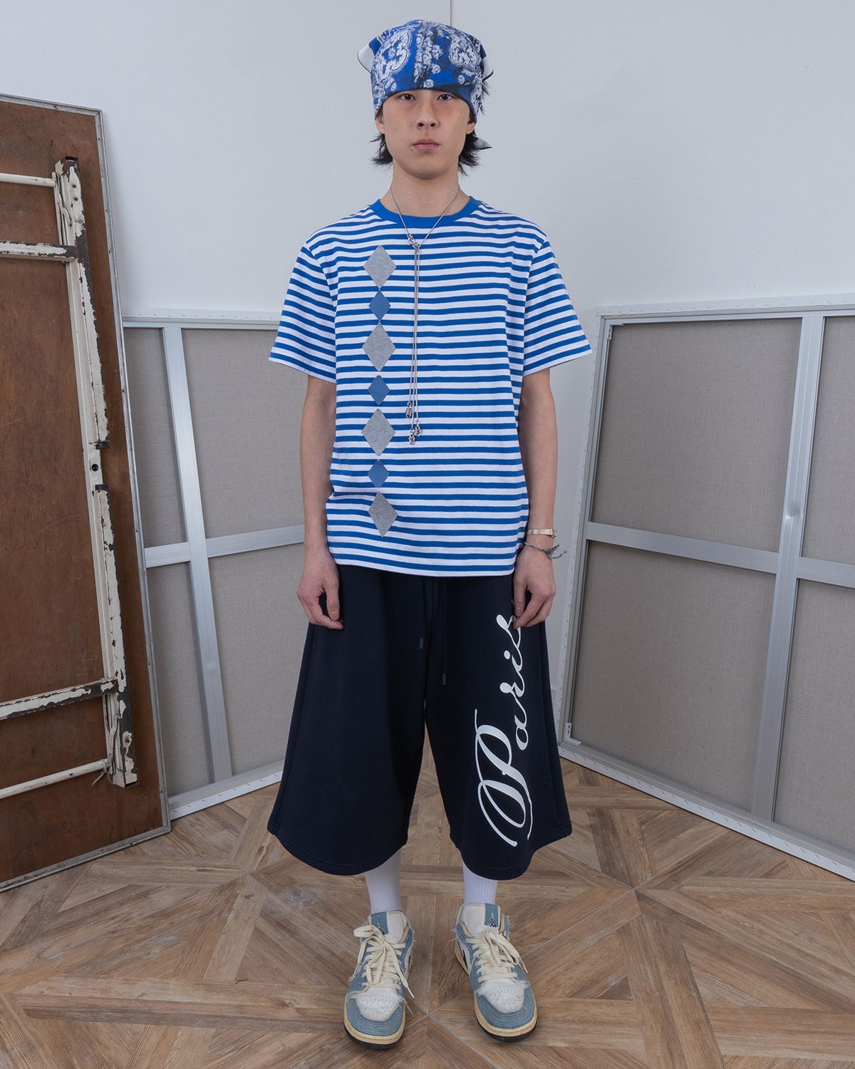 더뮤지엄비지터(THEMUSEUMVISITOR) PARIS BERLIN SEOUL BERMUDA SWEAT PANTS (NAVY)