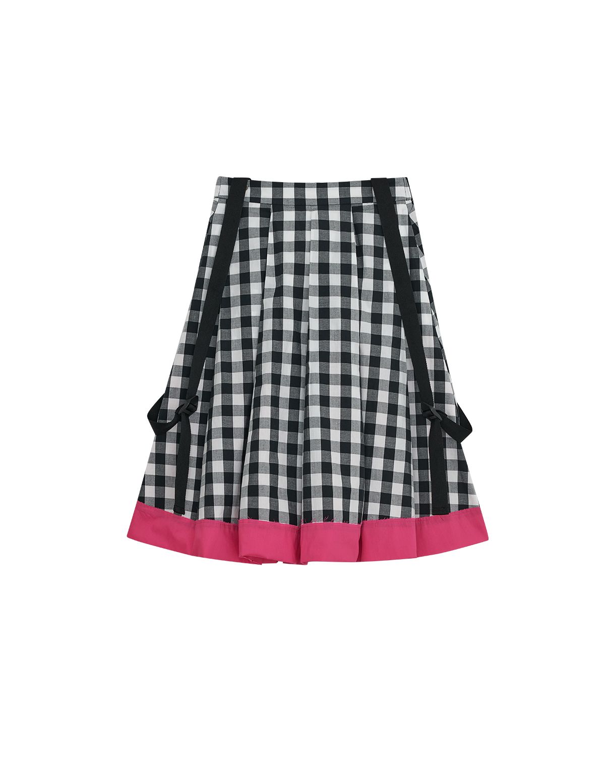 더뮤지엄비지터(THEMUSEUMVISITOR) W BONDAGE CHECK FLARE SKIRT (BLACK)