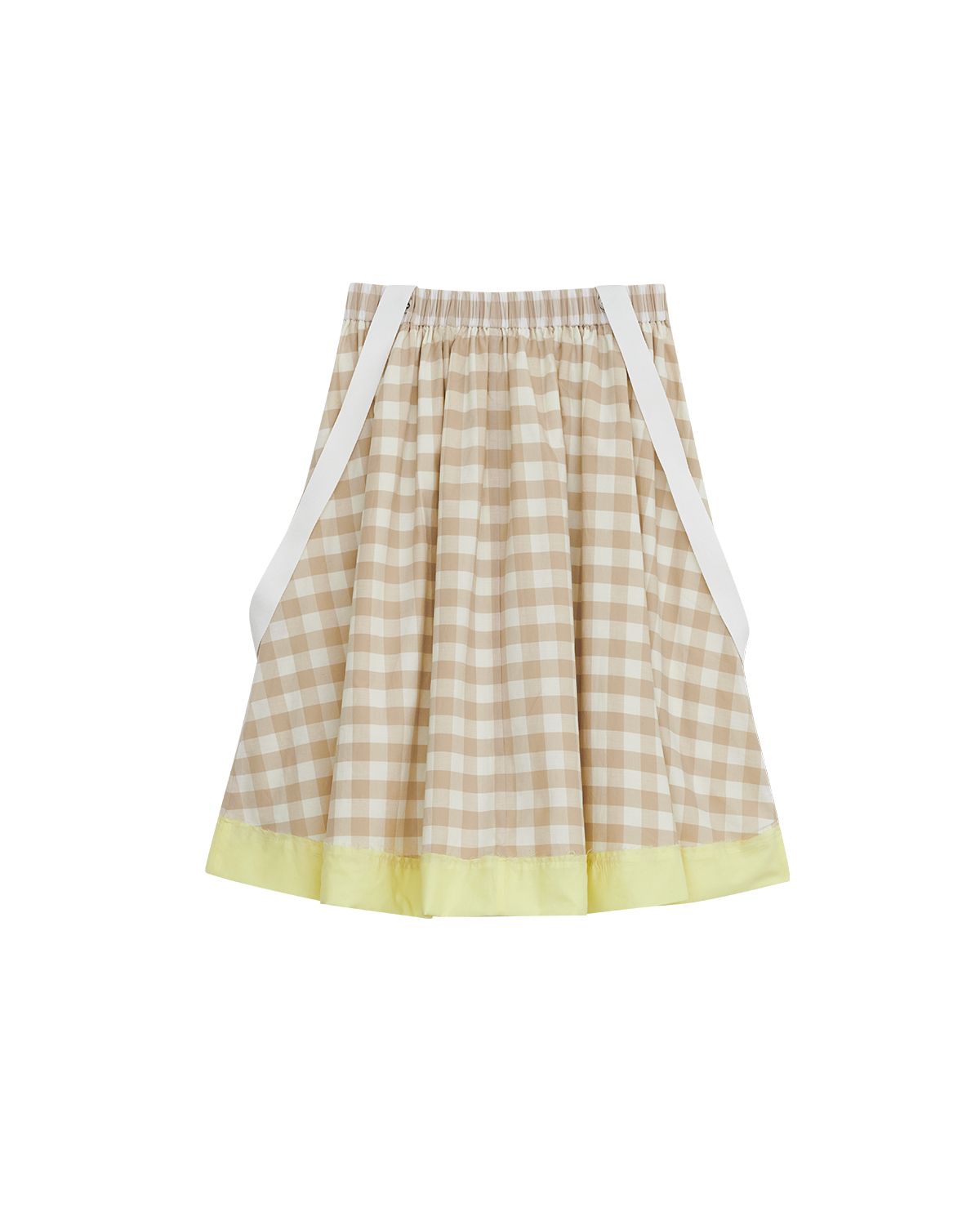 더뮤지엄비지터(THEMUSEUMVISITOR) W BONDAGE CHECK FLARE SKIRT (BEIGE)
