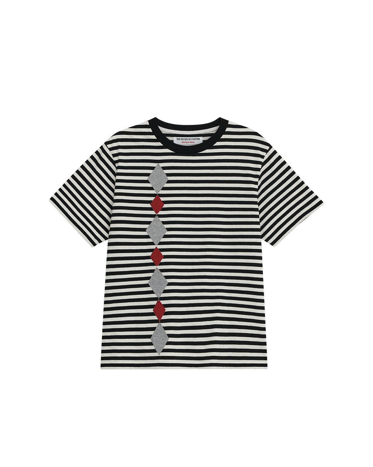 더뮤지엄비지터(THEMUSEUMVISITOR) ARGYLE PATTERN APPLIQUE STRIPE T-SHIRT (BLACK)