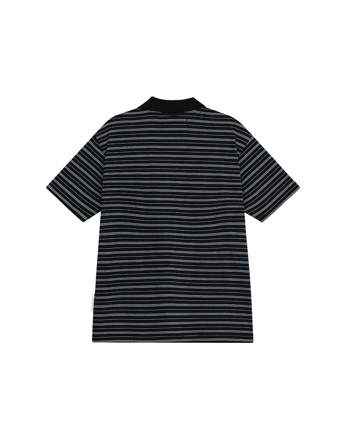 더뮤지엄비지터(THEMUSEUMVISITOR) FLOWER EMBROIDERY STRIPE COLLARED T-SHIRT (BLACK)