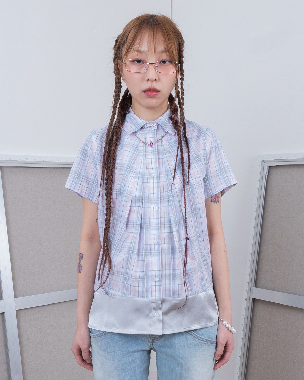 더뮤지엄비지터(THEMUSEUMVISITOR) W BACK STRING LAYERED SHIRT (CHECK)