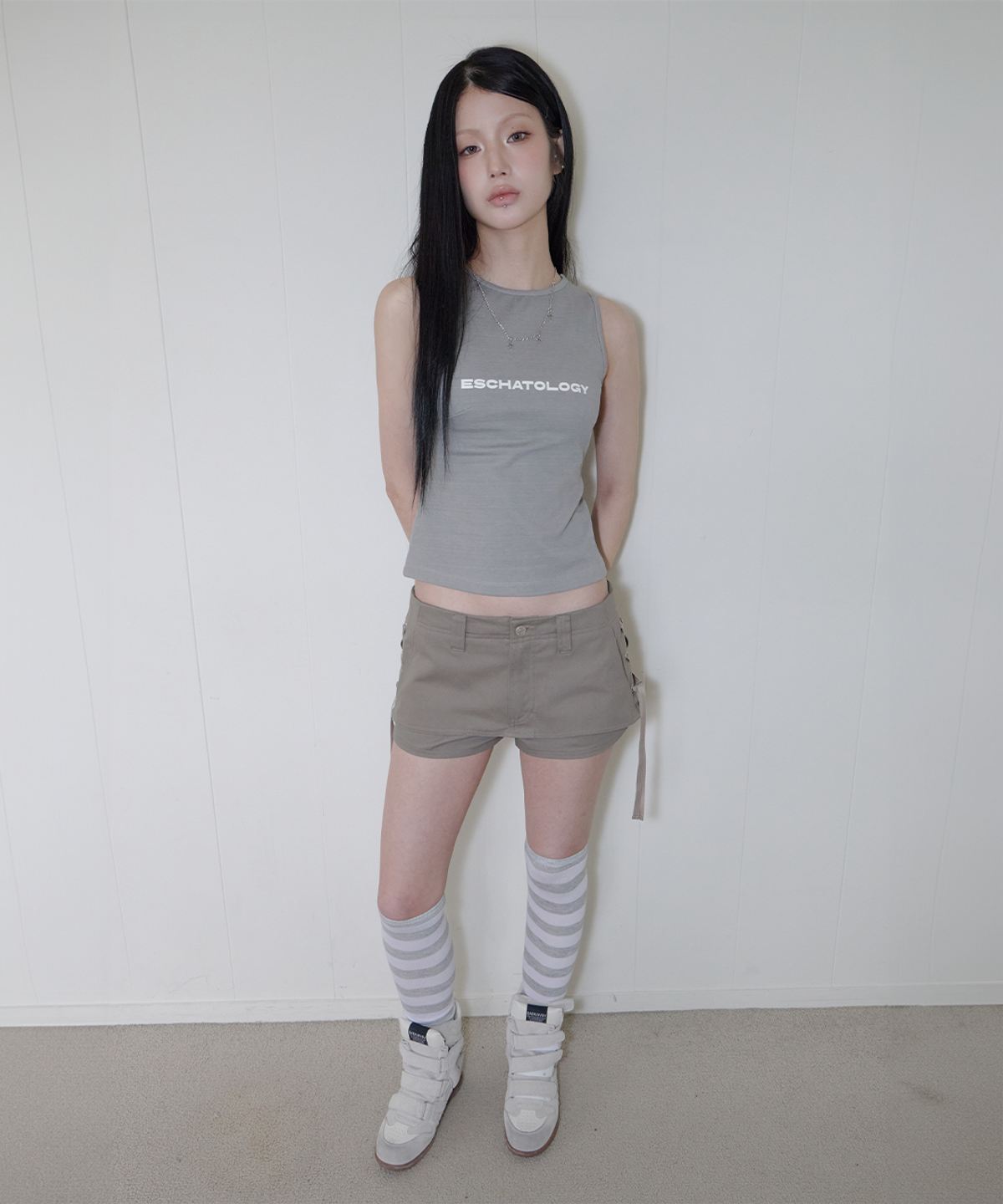 사일프레이(41PRAY) Layered Lace-Up Skirt shorts / Khaki Brown