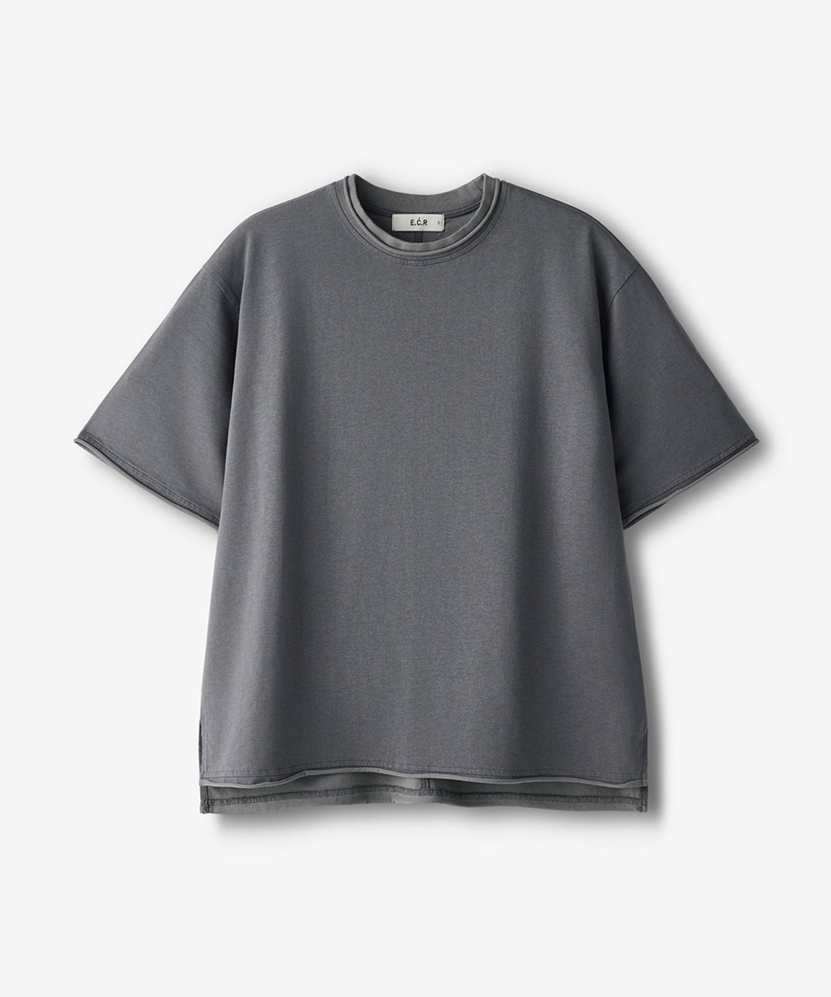 이코르(ECORR) [UNISEX] 레이어드 절개 크롭 반팔 티셔츠_차콜