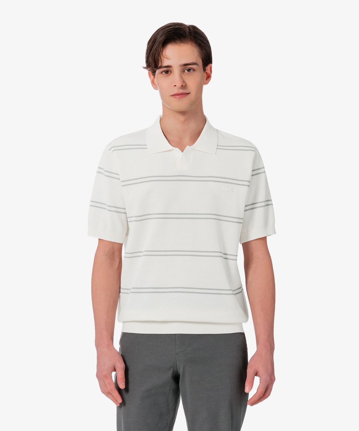 라코스테(LACOSTE) 남성 오픈카라 핀 스트라이프 반팔 스웨터 폴로 셔츠 PH396E-56G XFJ