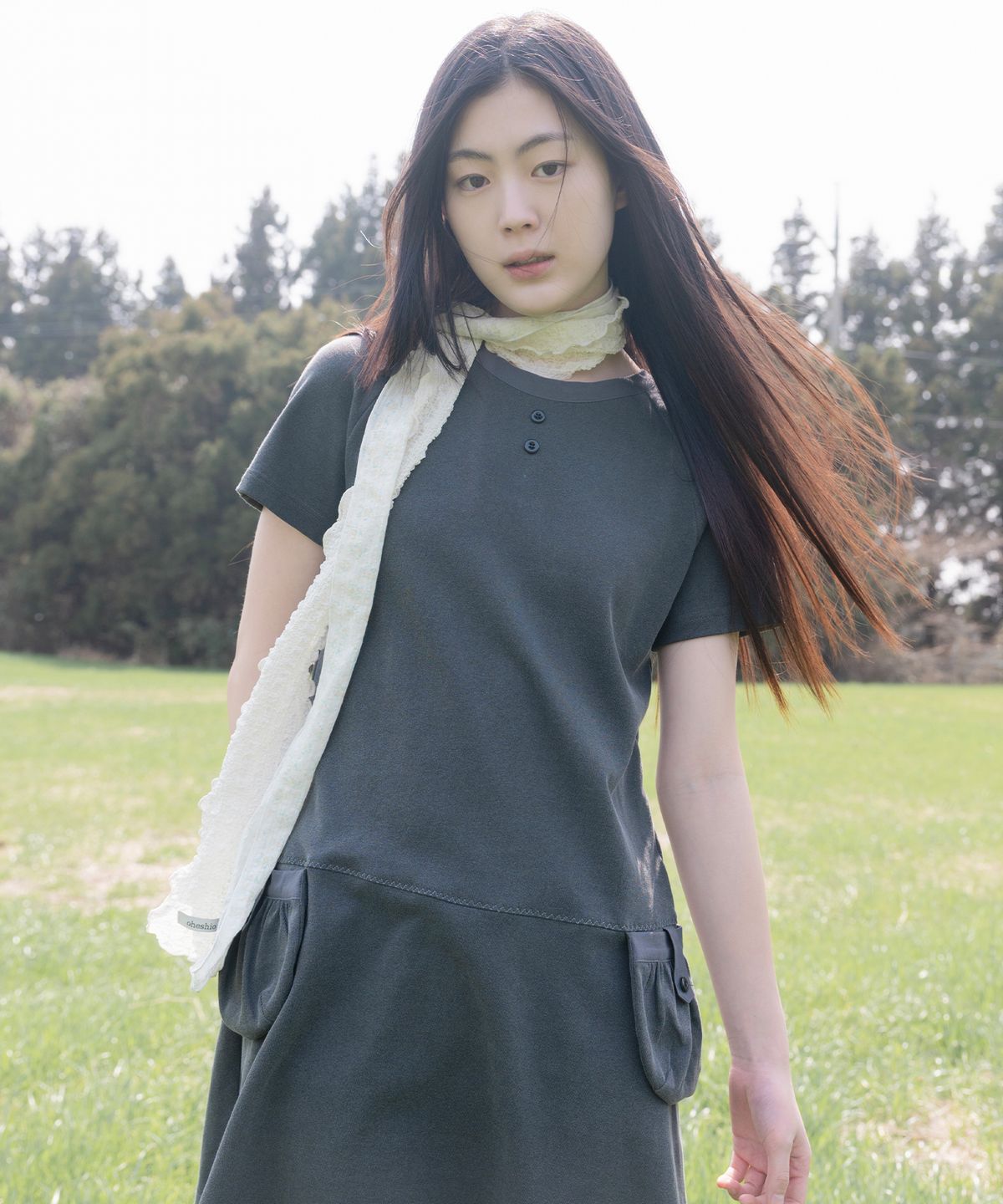 오헤시오(OHESHIO) VINTAGE SHIRRED POCKET DRESS, CHARCOAL