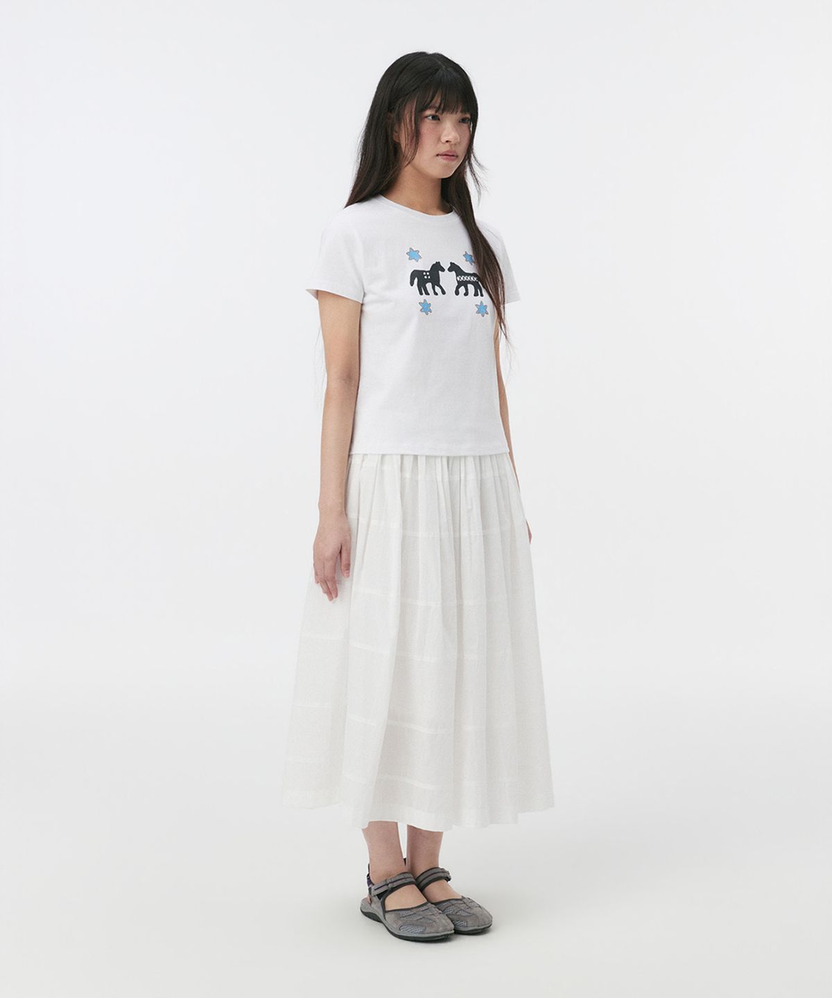 오헤시오(OHESHIO) SHIRRING TIERED MAXI SKIRT, WHITE