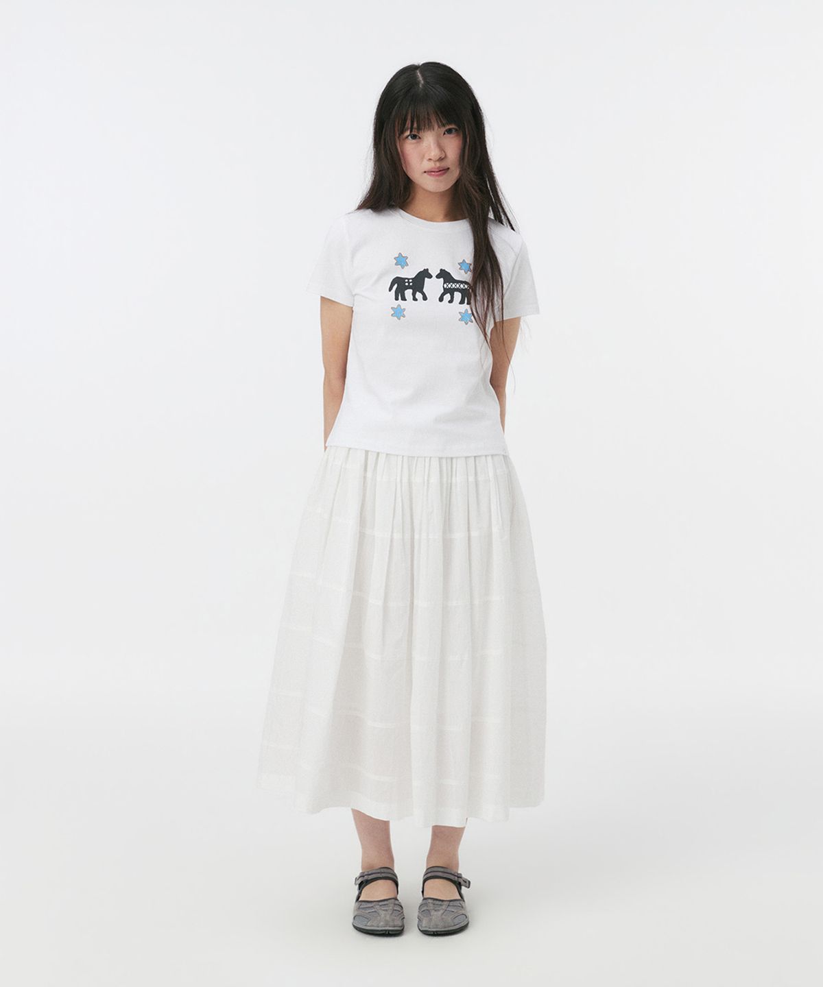 오헤시오(OHESHIO) SHIRRING TIERED MAXI SKIRT, WHITE