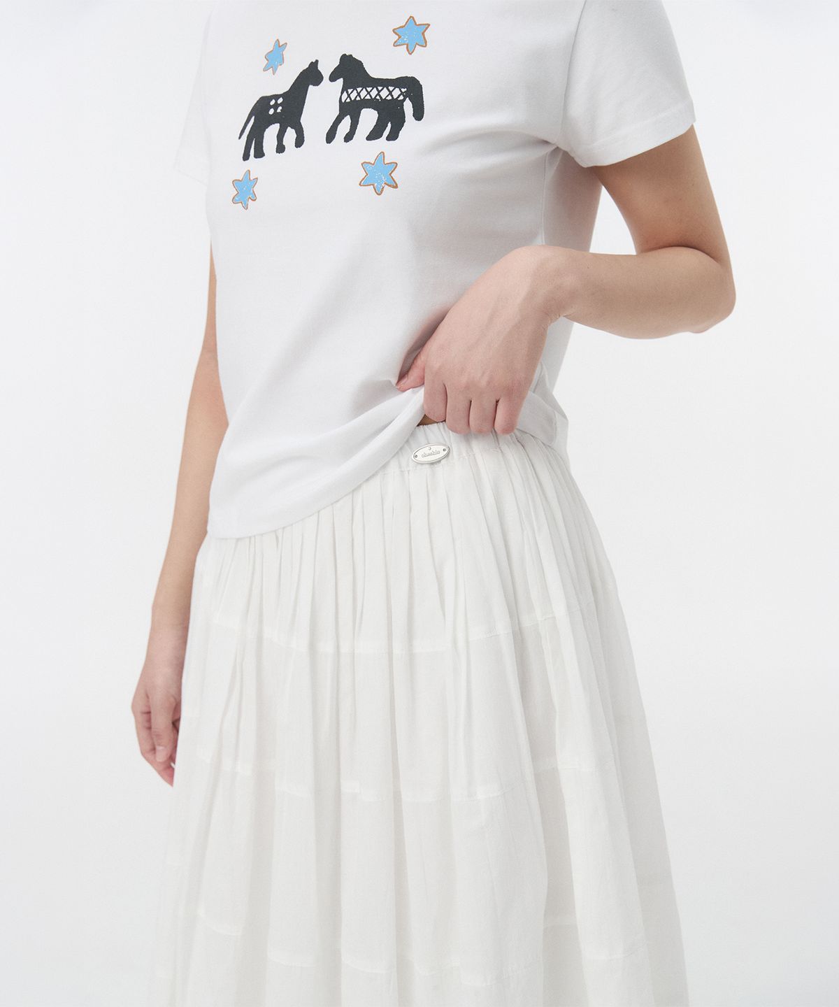 오헤시오(OHESHIO) SHIRRING TIERED MAXI SKIRT, WHITE