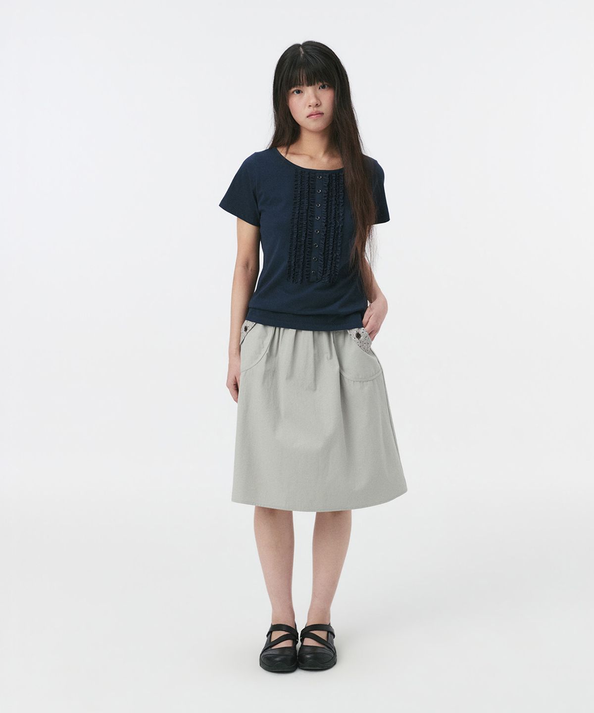 오헤시오(OHESHIO) FLORAL POCKET BANDING MIDI SKIRT, KHAKI GRAY
