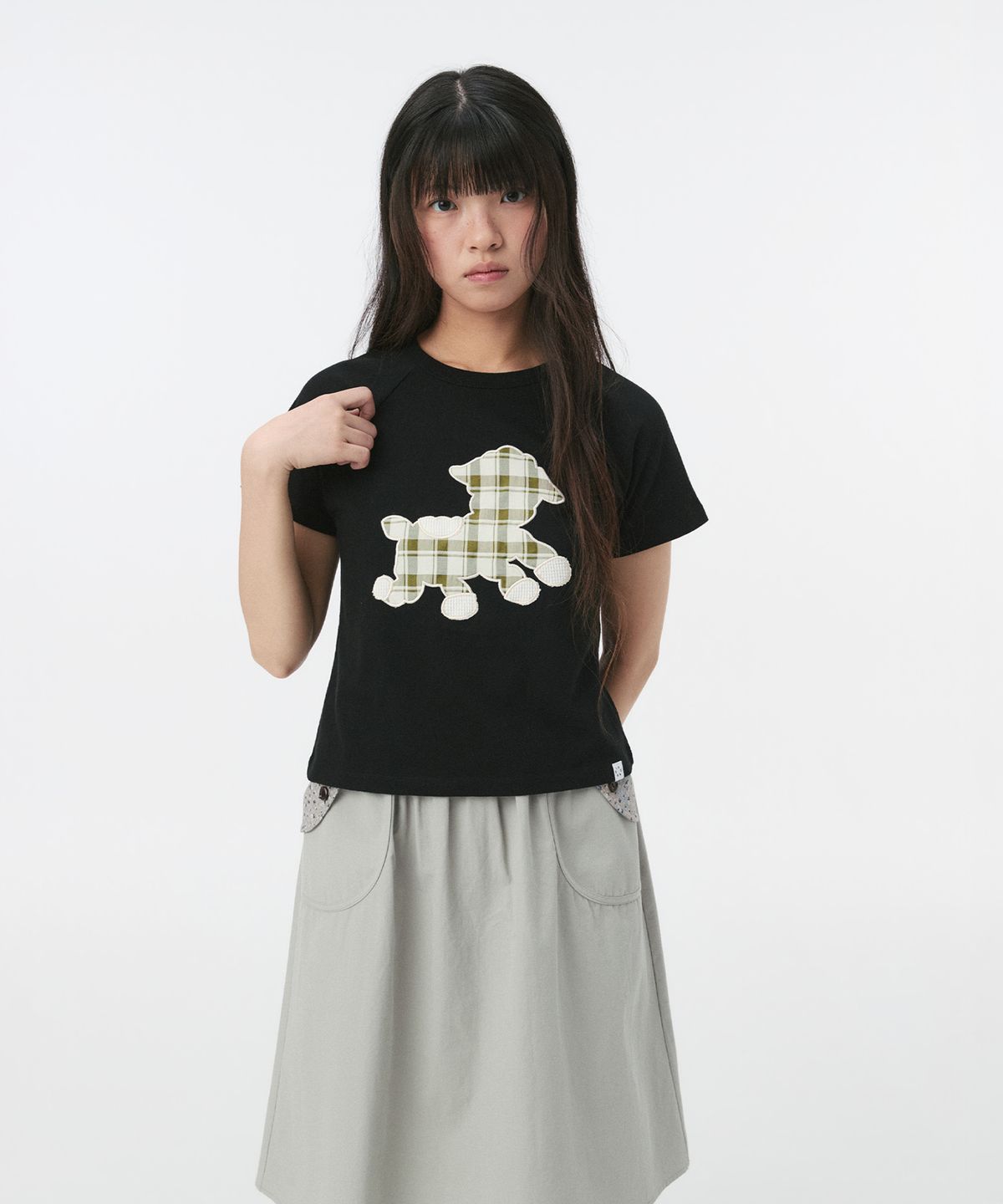 오헤시오(OHESHIO) FLORAL POCKET BANDING MIDI SKIRT, KHAKI GRAY