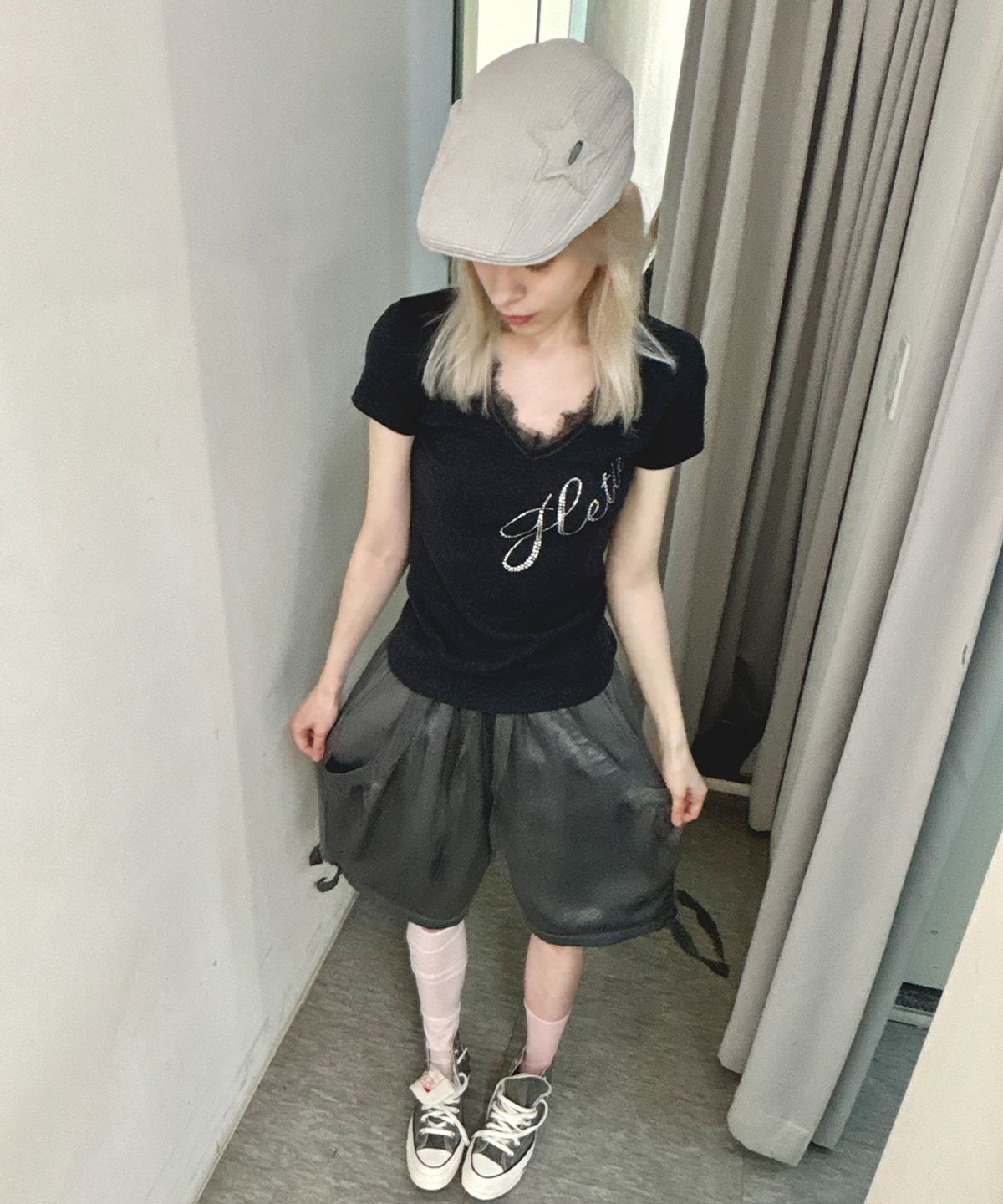 헤티(HETIT) Y2K 퀼팅 헌팅 캡 (라이트그레이)