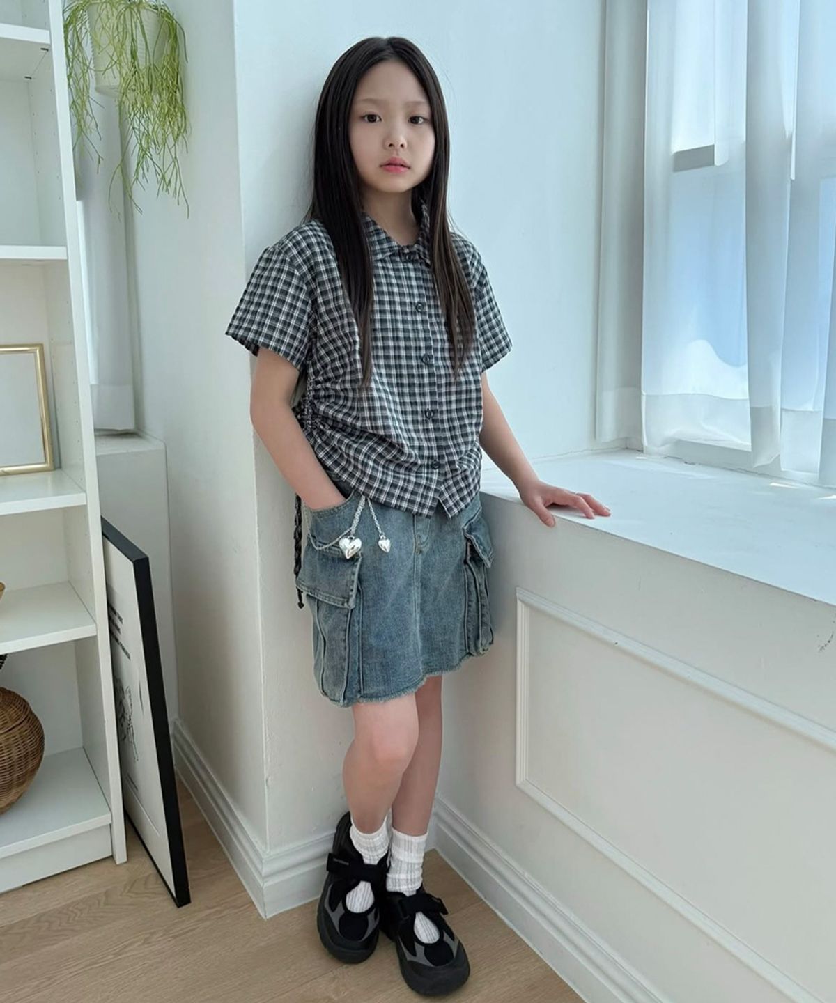 티미유(TMIU) 크롭 체크 반팔 셔츠