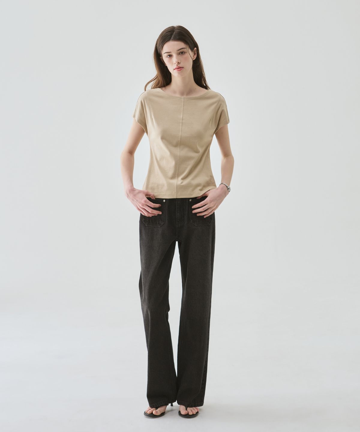 드로우핏 우먼(DRAWFIT WOMEN) 수피마 실켓 돌먼 보트넥 반팔 티셔츠 [BLACK]