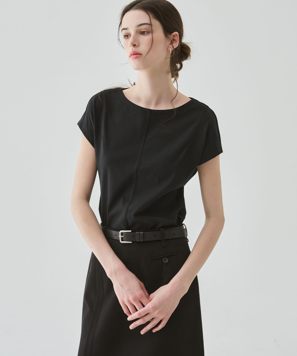드로우핏 우먼(DRAWFIT WOMEN) 수피마 실켓 돌먼 보트넥 반팔 티셔츠 [BROWN]