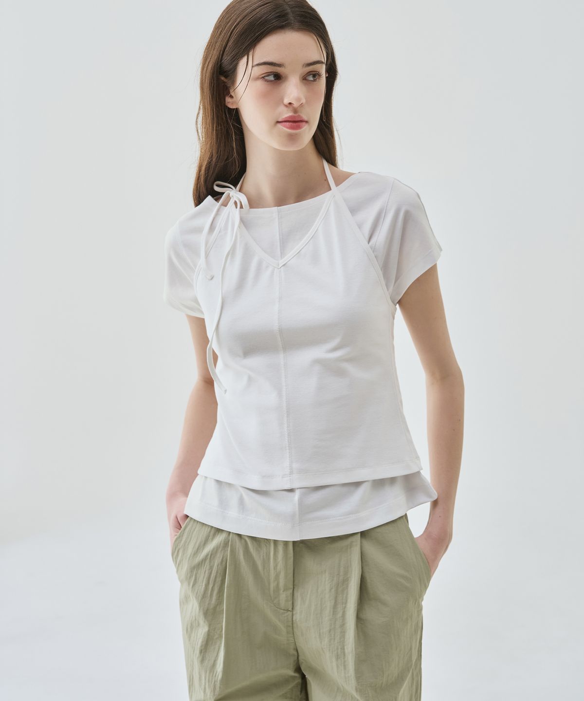 드로우핏 우먼(DRAWFIT WOMEN) 소프트 레이어 홀터넥 슬리브리스 탑 [M.GREY]