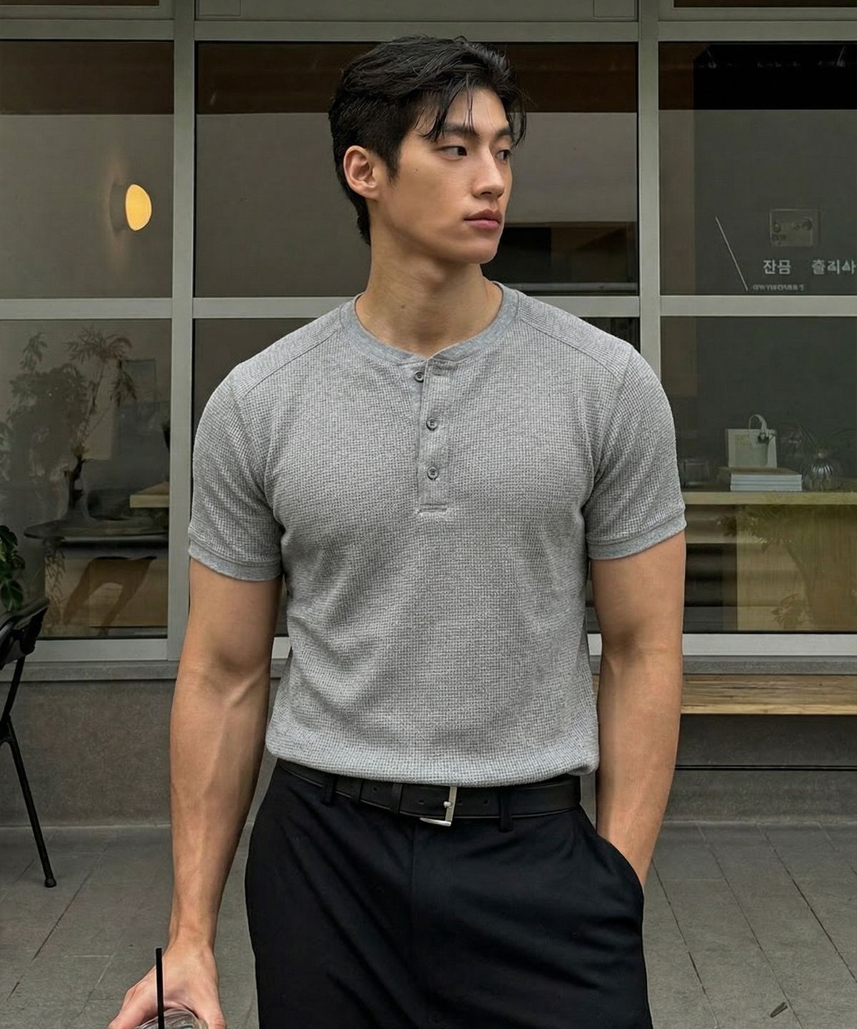 미치코런던 스포츠(MICHIKO LONDON SPORTS) [2PACK] 와플 헨리넥 머슬핏 반팔 티셔츠
