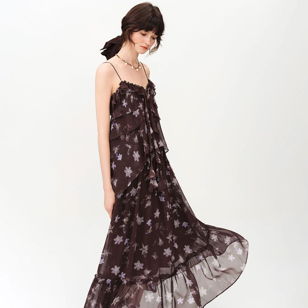 웬스데이딜라잇(WEDNESDAY DELIGHT) WD_Layered ruffle floral chiffon dress_BROWN