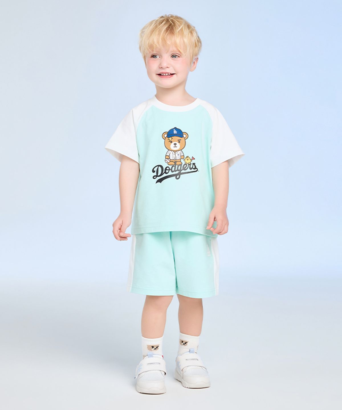 엠엘비 키즈(MLB KIDS) 메가베어 프렌즈 배색 래글런 티셔츠 세트 LA (Mint)