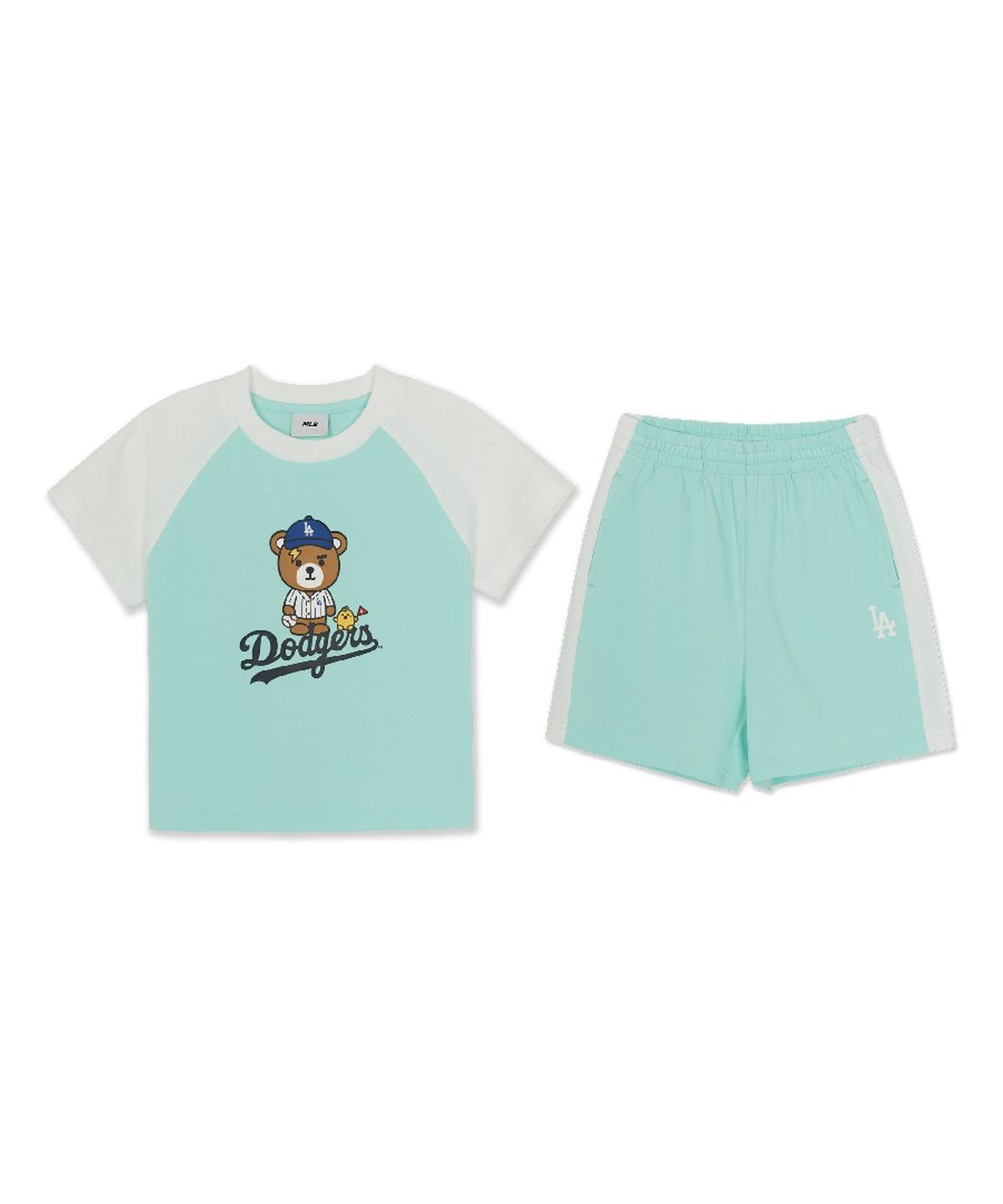 엠엘비 키즈(MLB KIDS) 메가베어 프렌즈 배색 래글런 티셔츠 세트 LA (Mint)