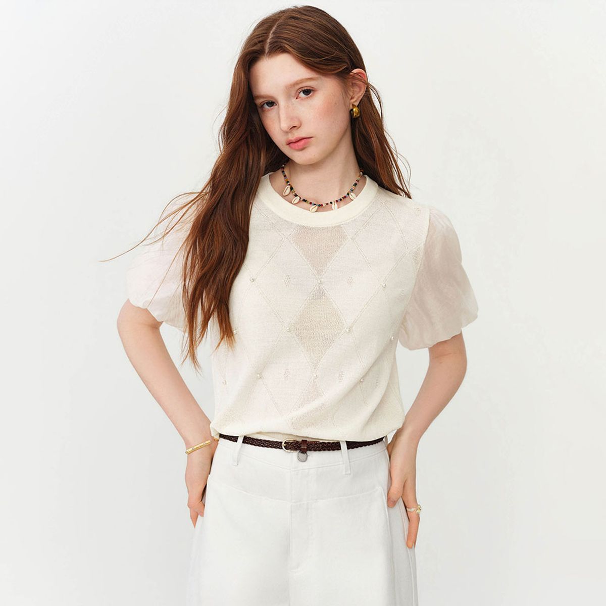 웬스데이딜라잇(WEDNESDAY DELIGHT) WD_Beaded sheer puff sleeve knit top_2color
