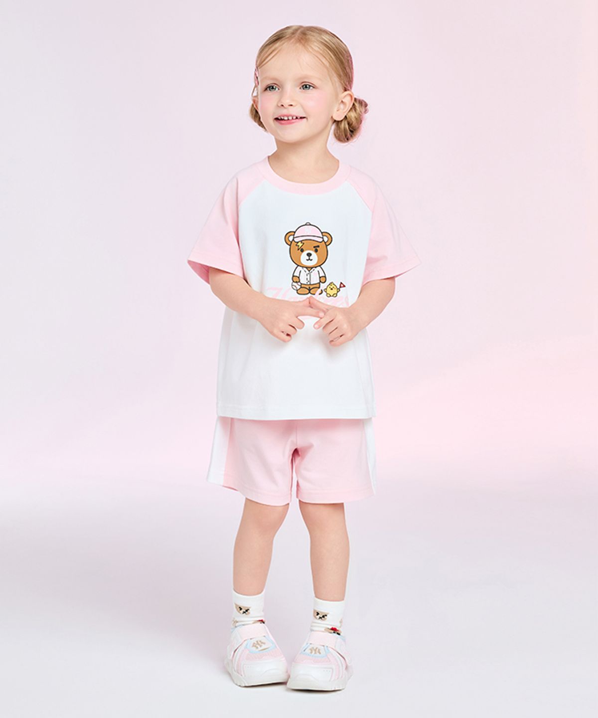 엠엘비 키즈(MLB KIDS) 메가베어 프렌즈 배색 래글런 티셔츠 세트 NY (L.Pink)